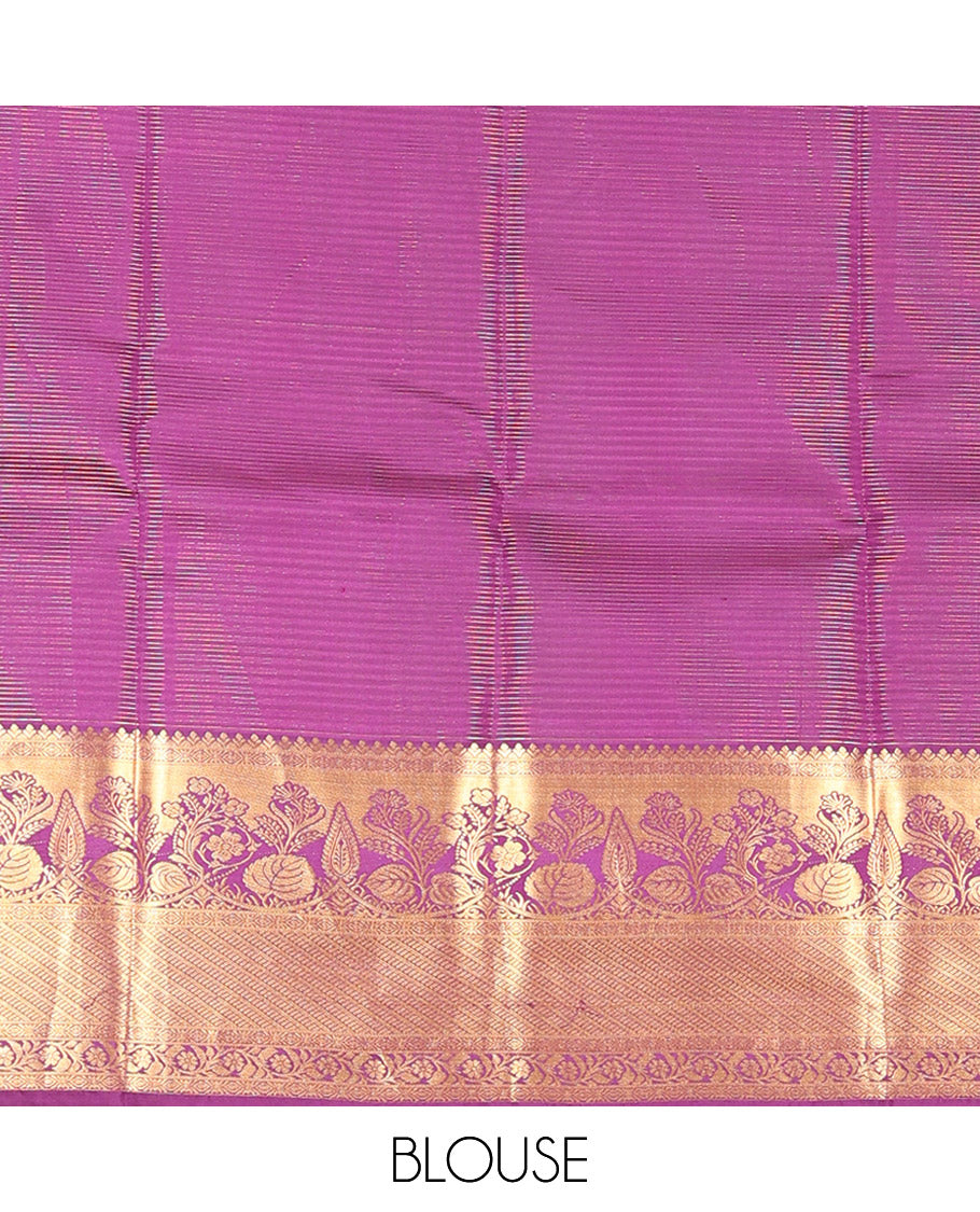 Green Vasundhara Silk Saree Elegantly Embellished with Floral Zari Buttas and Zari Checks, Highlighted by a Contrast Border of Traditional Zari Designs, Pallu Steeped with Manga and Kodi Vivsy Designs, and Paired with a Contrast Blouse