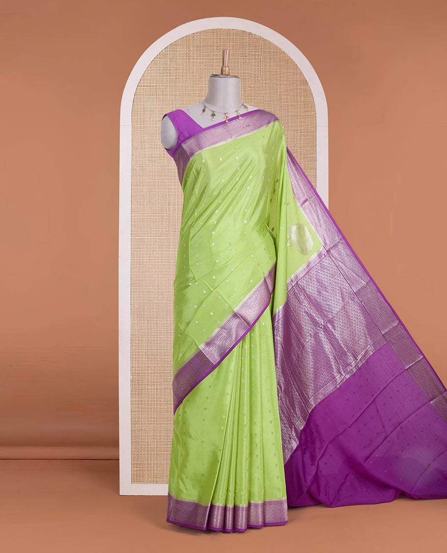 Parrot green zari buttas & corner paisley buttas Mysore silk saree, contrast traditional zari border & paisley butta enclosed checked pallu
