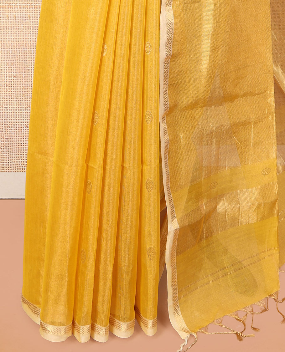 Yellow Maheshwari Cotton Saree, Subtly Woven with Zari Buttas, a Contrast Piping Zari Border, Pallu of Zari Design, and a Matching Blouse
