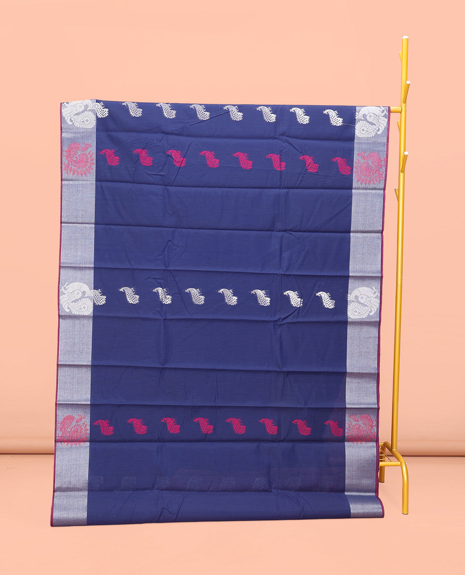 Navy Blue Semi-Silk Cotton Saree, Beautifully Detailed with Peacock Buttas on Its Body, Highlighted by Peacock Border, Pallu Steeped with Peacock Designs, and Paired with a Matching Blouse