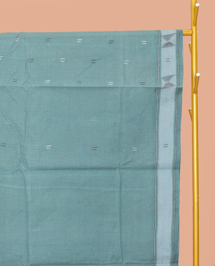 Green Bengal Cotton Saree, Woven with Buttas, a Subtle Border, Pallu of Stripes, and a Matching Blouse