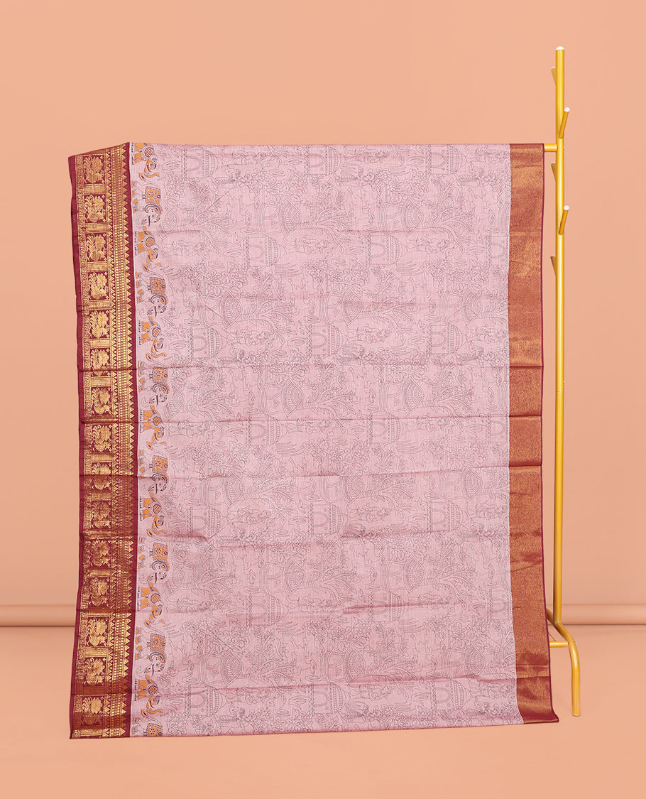 Pink Andhra Cotton Saree, Subtly Printed with Village-Themed Print, a Contrast Zari Border, a Pallu of Patola-Print, and a Matching Blouse