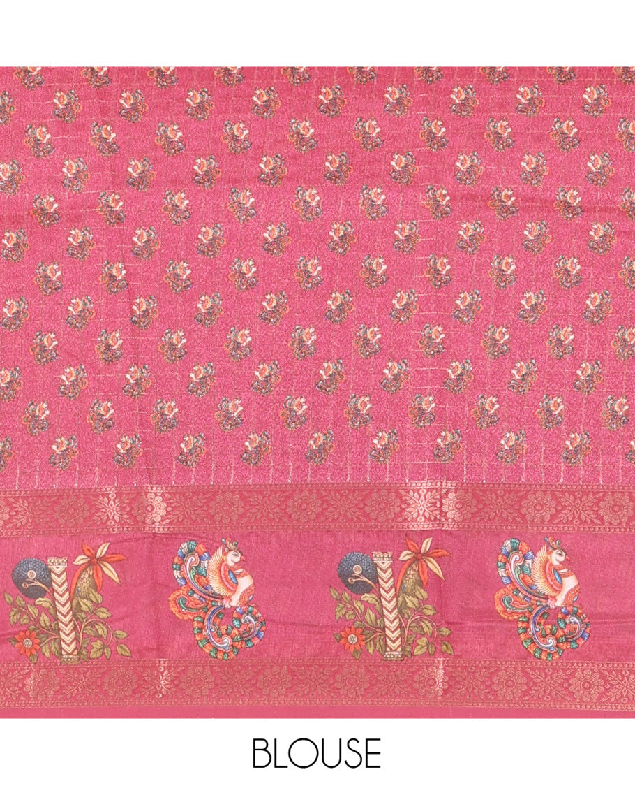 Chikku and Rani Moss-Chiffon Saree, Adorned with Checked Design and Floral-Bird Motifs Printed on Its Body, Complemented by Contrast Zari and Printed Border, Pallu of Floral and Bird Designs, and Paired with a Contrast Blouse