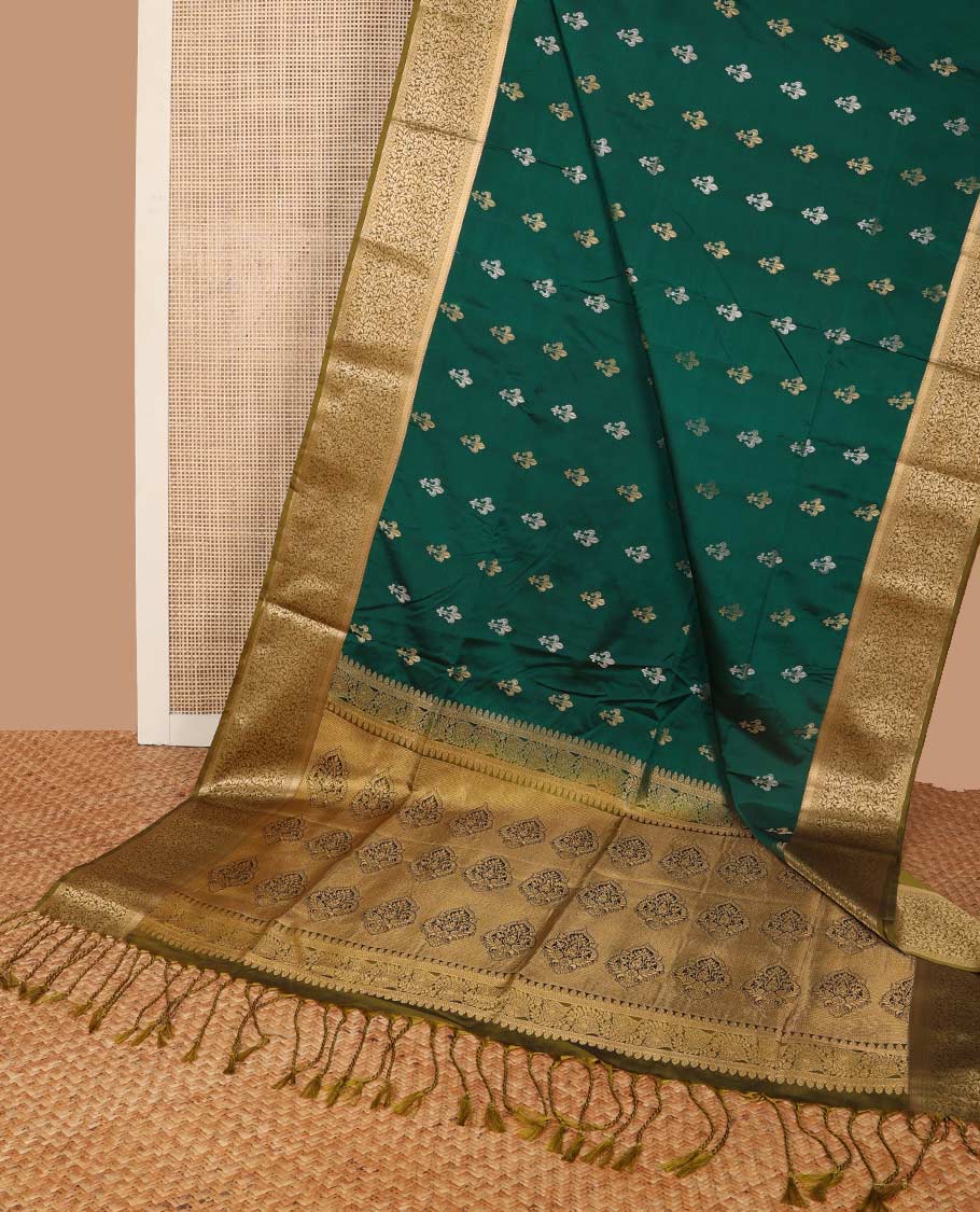 Dark green floral motifs soft silk saree with contrast jacquard border & floral design pallu