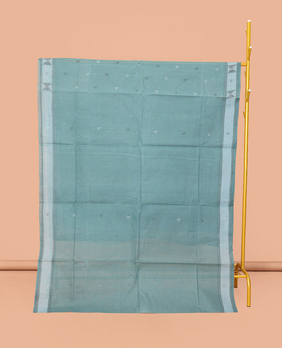 Green Bengal Cotton Saree, Woven with Buttas, a Subtle Border, Pallu of Stripes, and a Matching Blouse