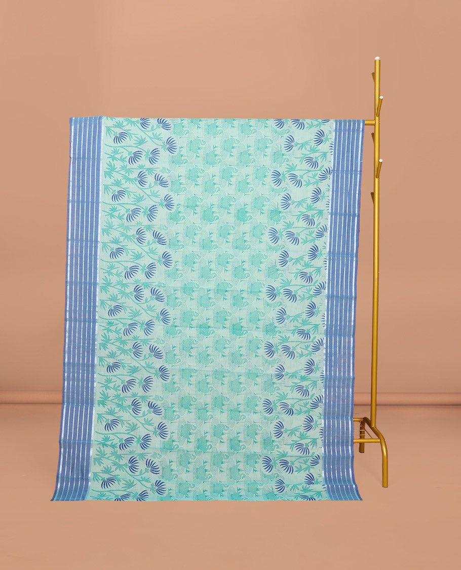 Pale Blue Chirala Cotton Saree, Decked Up with Swan and Floral Print, Contrast Striped Border, Floral Printed Pallu, and a Matching Blouse