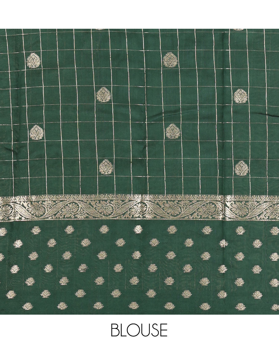 Sandal Assam Silk Saree, Subtly Sparkled with Zari Butta Enclosed Checks, Complemented by a Contrast Zari Butta Woven Border, Zari-Striped Pallu, and a Contrast Blouse