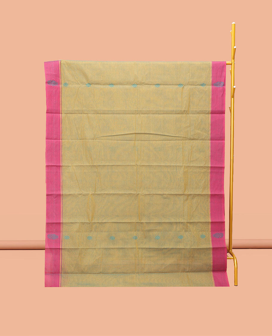 Green Kanchi Cotton Saree, Ornamented with Buttas, Complemented by a Contrast Border, Ogee-Patterned Pallu, and a Matching Blouse