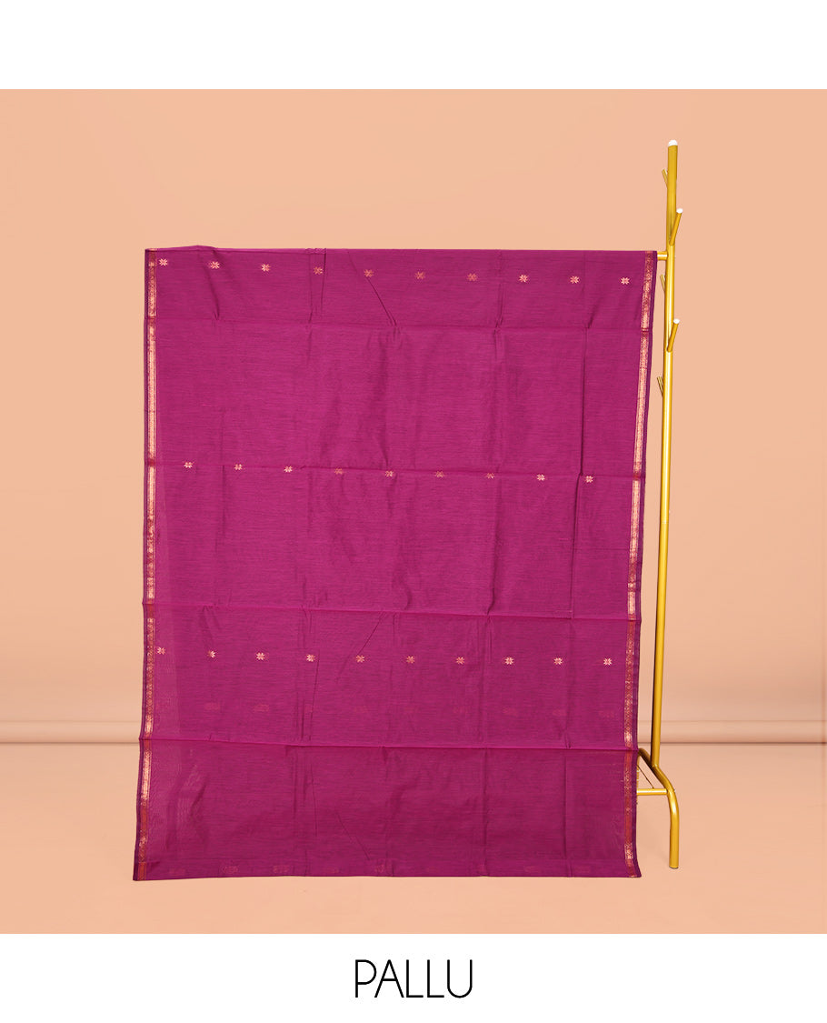 Purple Maheshwari Cotton Saree, Beautifully Bedecked with Buttas All Over Its Body, Subtle Zari Piping Border, Complemented by a Contrast Pallu Steeped with Buttas, and Paired with a Contrast Blouse