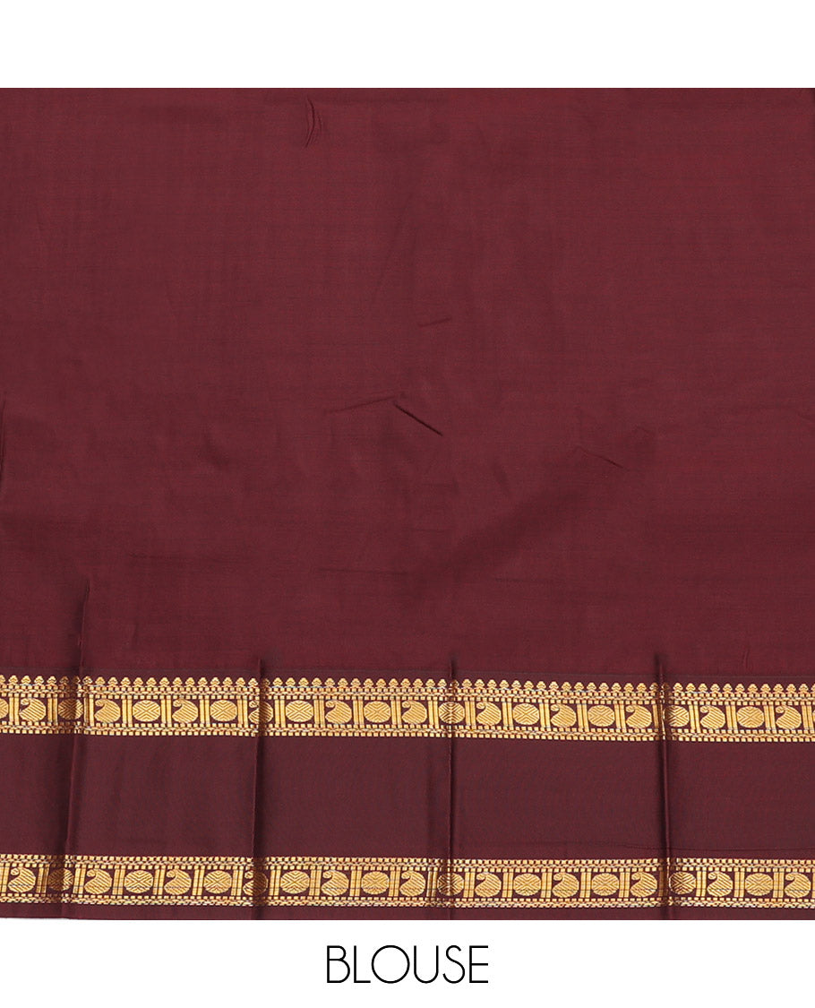 Pink Budget Silk Saree, Mesmerized with Peacock-Chakram Buttas, Complemented by a Contrast Traditional Zari Rettai Pettu Border, Grand Pallu, and Contrast Blouse