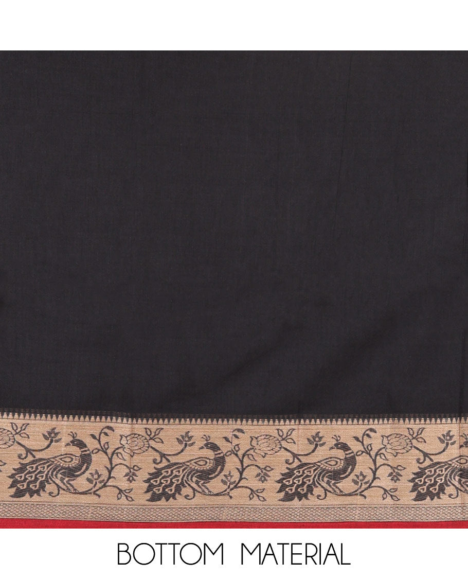 Black Mercerised Cotton Material Churidar Set, Subtly Made Plain with Contrast Floral-Peacock Bordered Top, a Mercerised Cotton Bottom, and Paired with a Mercerised Cotton Peacock-Bordered Dupatta