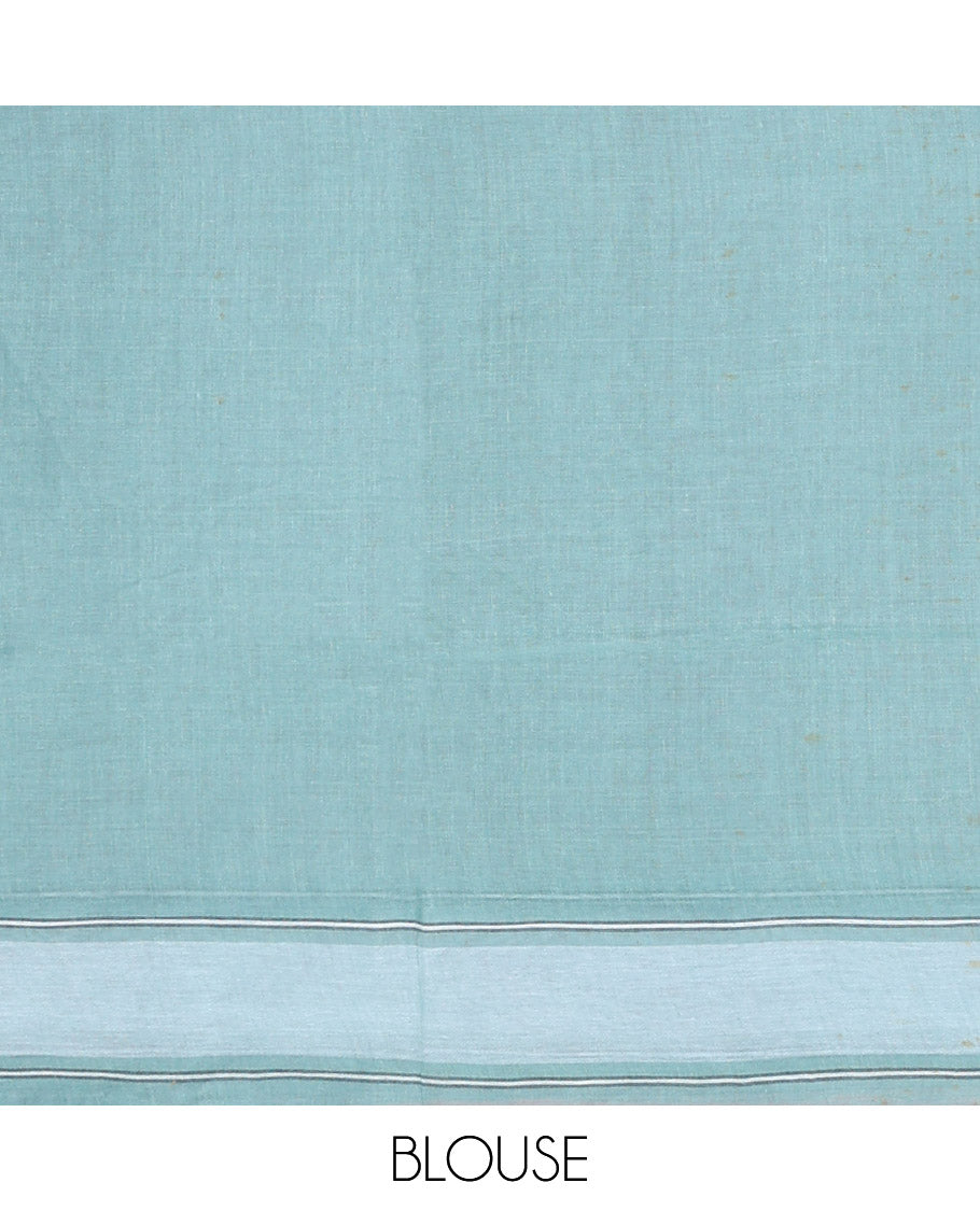 Green Bengal Cotton Saree, Woven with Buttas, a Subtle Border, Pallu of Stripes, and a Matching Blouse