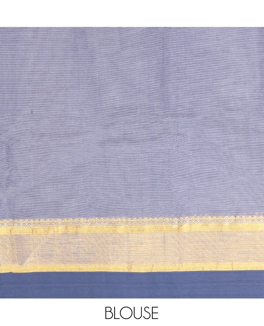 Grey Kanchi Cotton Saree, Adorned with Buttas All Over Its Body, Complemented by a Contrast Border, Pallu of Floral Designs, and Paired with a Matching Blouse