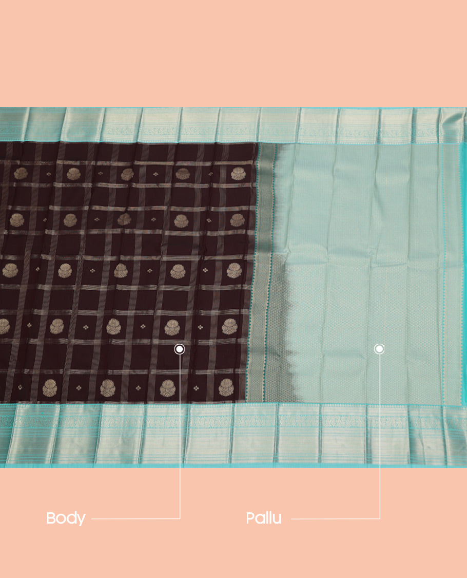 Brown Budget Silk Saree, Woven with Zari Butta Enclosed Checks, Complemented by a Contrast Traditional Zari Border, Grand Pallu, and Contrast Blouse