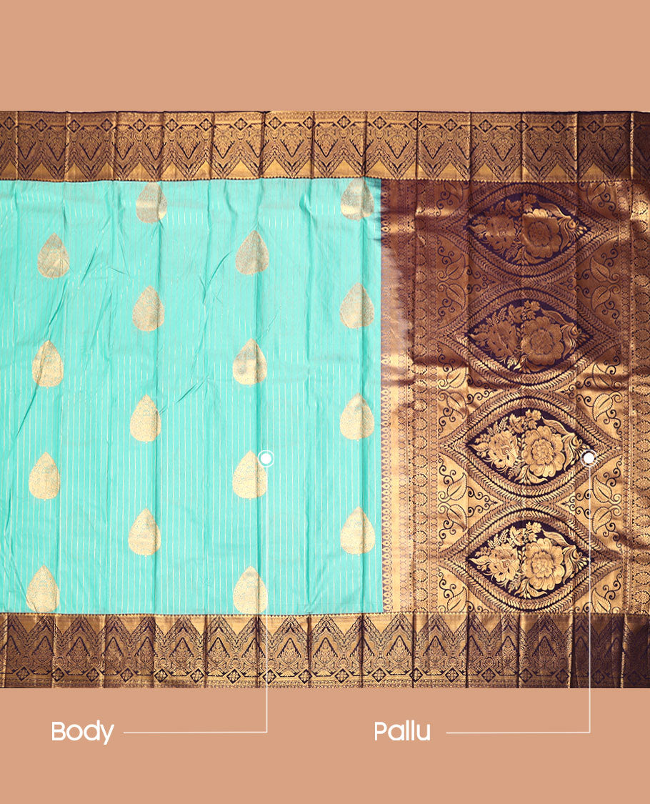 Blue Budget Silk Saree, Decked Up with Zari Buttas and Stripes, Complemented by Contrast Traditional Zari Border, a Grand Pallu and a Contrast Blouse