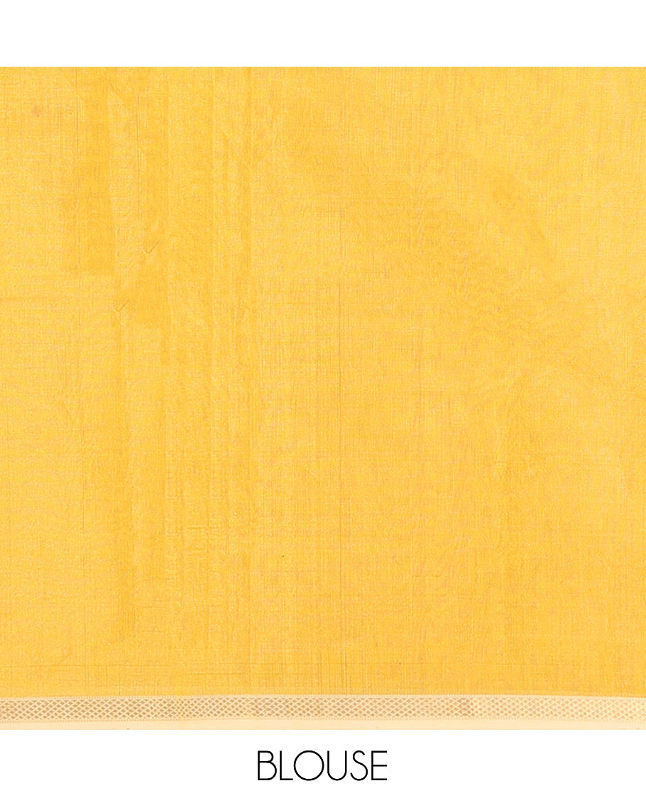 Yellow Maheshwari Cotton Saree, Subtly Woven with Zari Buttas, a Contrast Piping Zari Border, Pallu of Zari Design, and a Matching Blouse