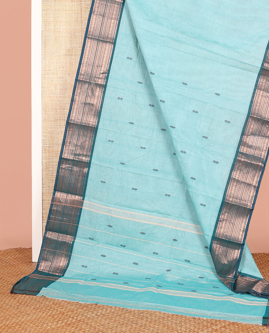 Blue Chettinad Cotton Saree Subtly Adorned with Thread Buttas All Over Its Body, Complemented by a Contrast Traditional Zari Motifs Steeped Border, and a Pallu of Stripes and Buttas