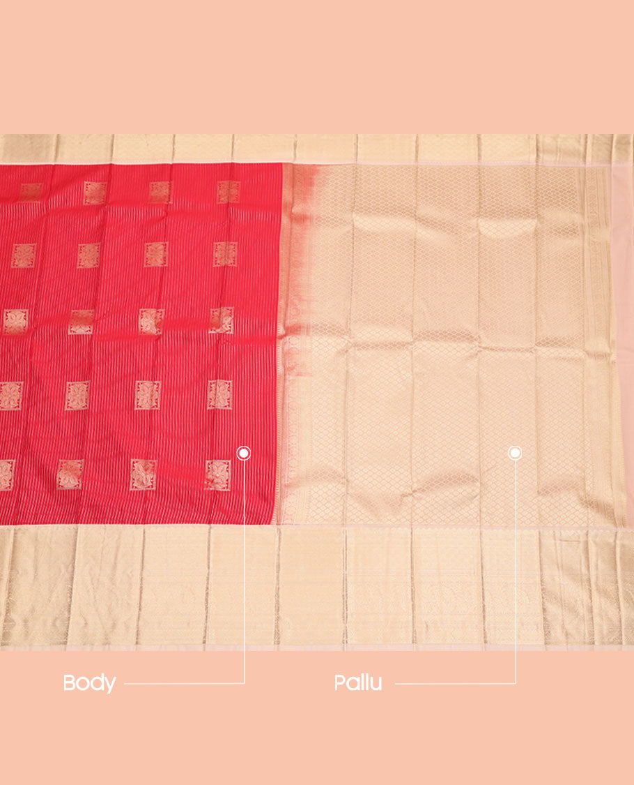 Red Budget Silk Saree, Accentuated with Zari Buttas and Stripes, Contrast Traditional Zari Border, Grand Jaal Pallu, and a Contrast Blouse