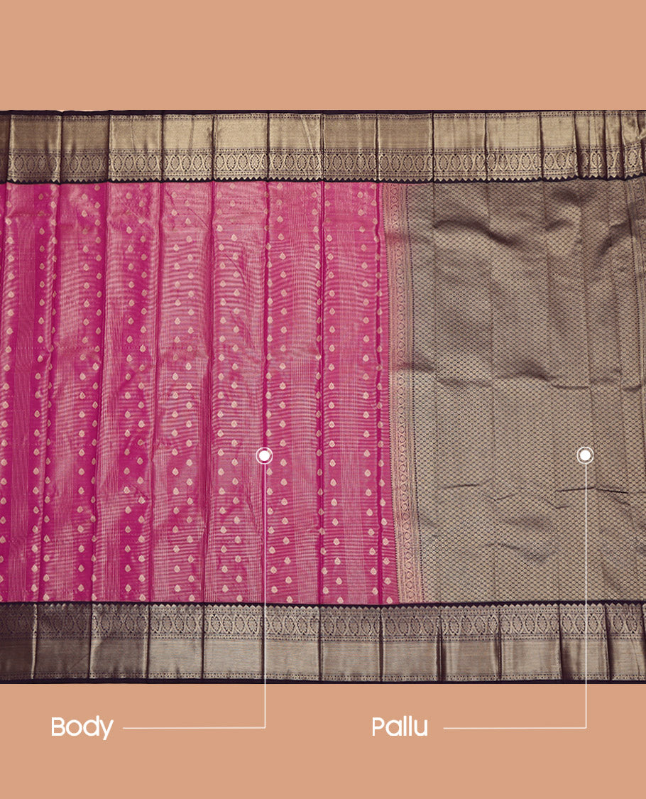 Magenta Budget Silk Saree, Decorated with Zari Buttas and Stripes on Its Body, Complemented by a Contrast Traditional Zari Design Border, Grand Jaal Pallu, and Paired with a Contrast Blouse