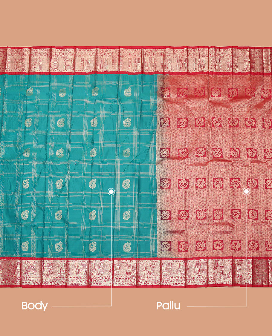 Blue Zari Butta and Checks Budget Silk Saree