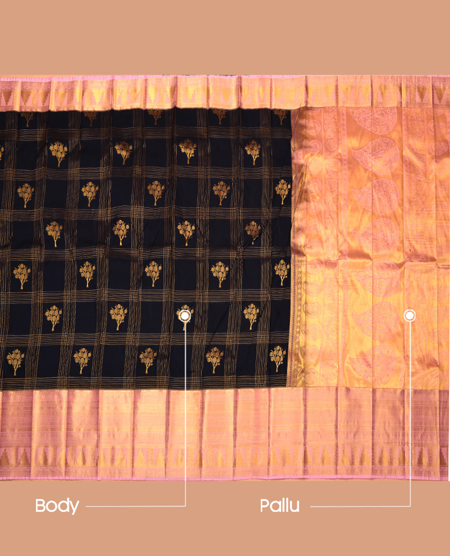 Black Budget Silk Saree, Bedecked with Zari Butta Enclosed Checks, Complemented by a Contrast Traditional Zari Border, Intricate Pallu, and Contrast Blouse