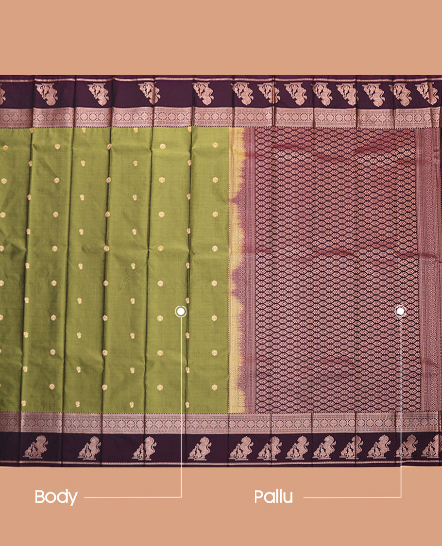 Green Budget Silk Saree, Elevated with Zari Buttas, Complemented by a Contrast Traditional Zari Border of Singam Designs, Grand Pallu, and a Contrast Blouse