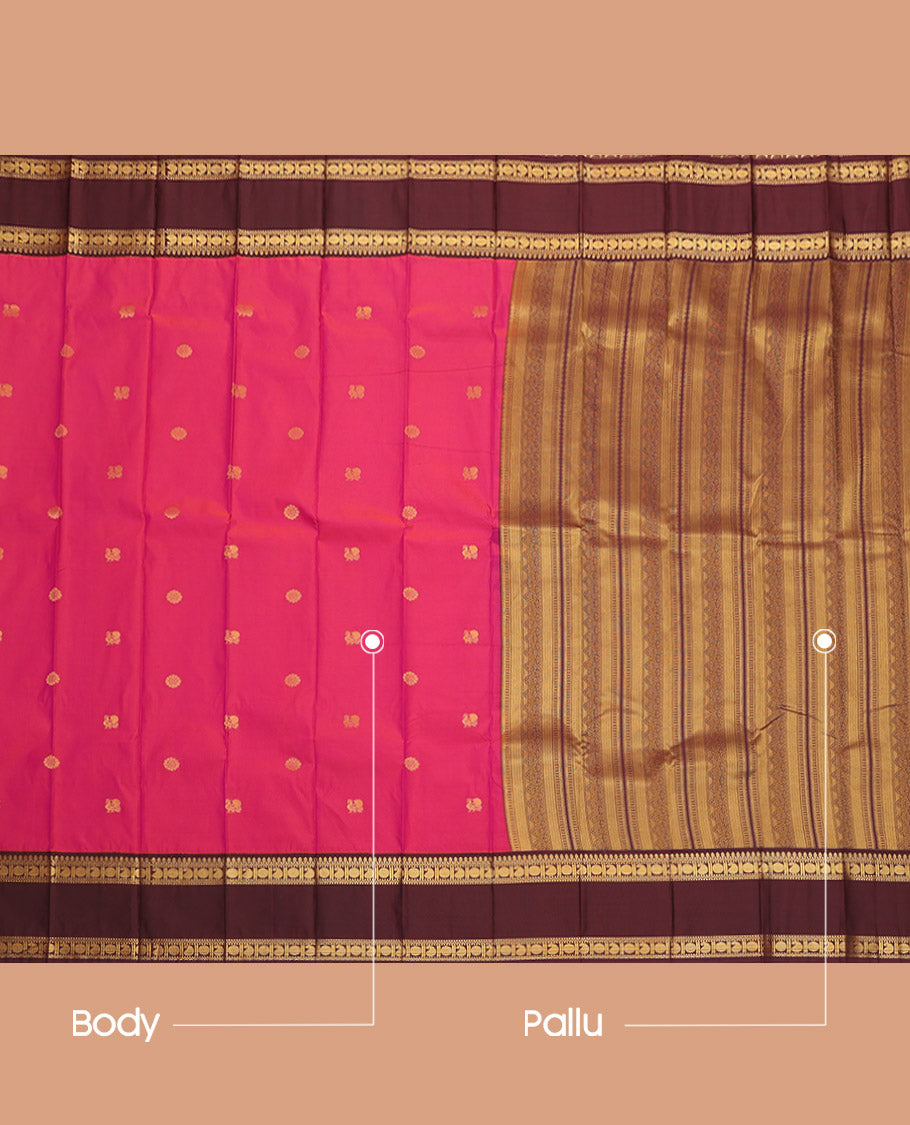 Pink Budget Silk Saree, Mesmerized with Peacock-Chakram Buttas, Complemented by a Contrast Traditional Zari Rettai Pettu Border, Grand Pallu, and Contrast Blouse