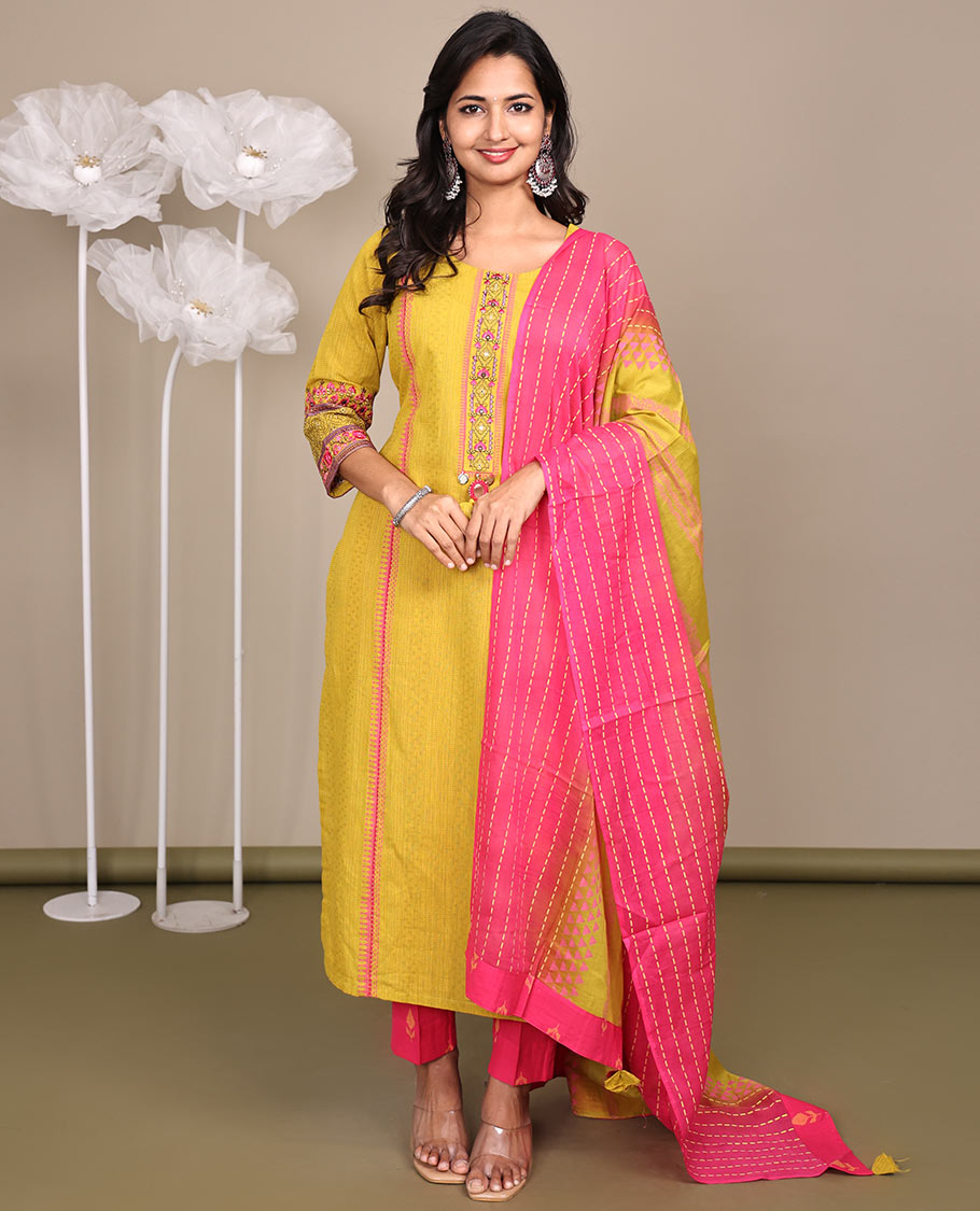 Yellow Ready-Made Cotton Suit, Subtly Sparkled with Geometric Weave, 3/4 Sleeves, and a Straight-Cut Top, Paired with Straight-Cut Pants and a Contrast Thread-Work Dupatta