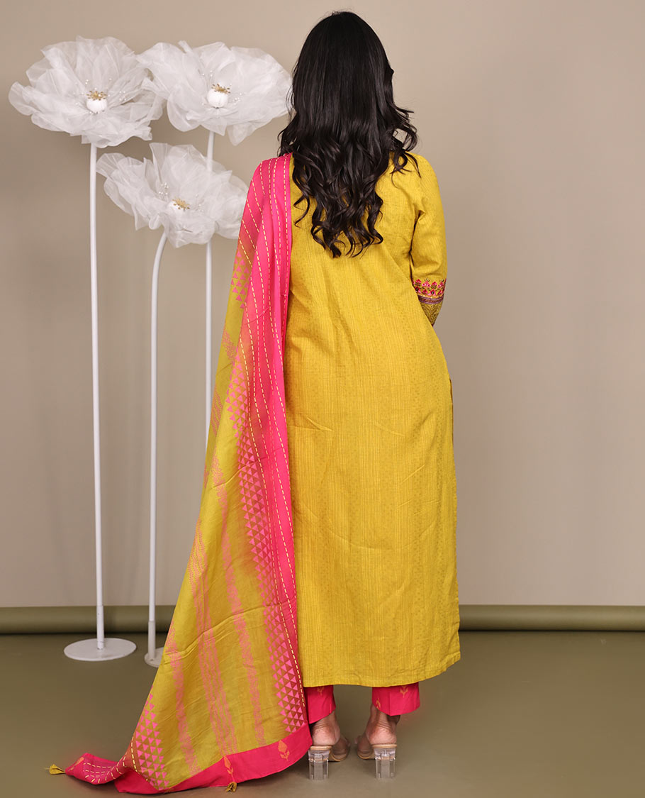 Yellow Ready-Made Cotton Suit, Subtly Sparkled with Geometric Weave, 3/4 Sleeves, and a Straight-Cut Top, Paired with Straight-Cut Pants and a Contrast Thread-Work Dupatta