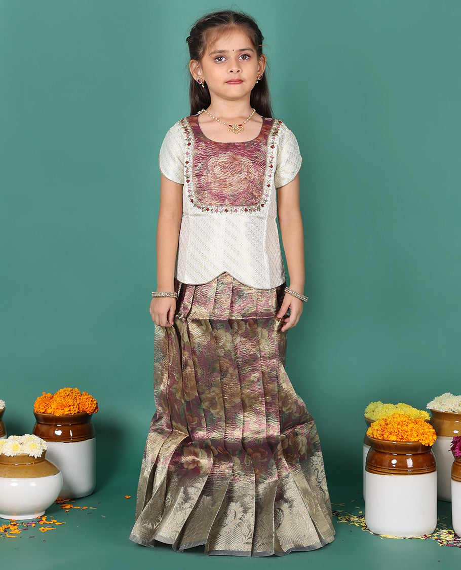 Brown readymade art silk pavadai, floral printed & contrast zari border skirt, & zari buttas half-sleeve round-neck blouse