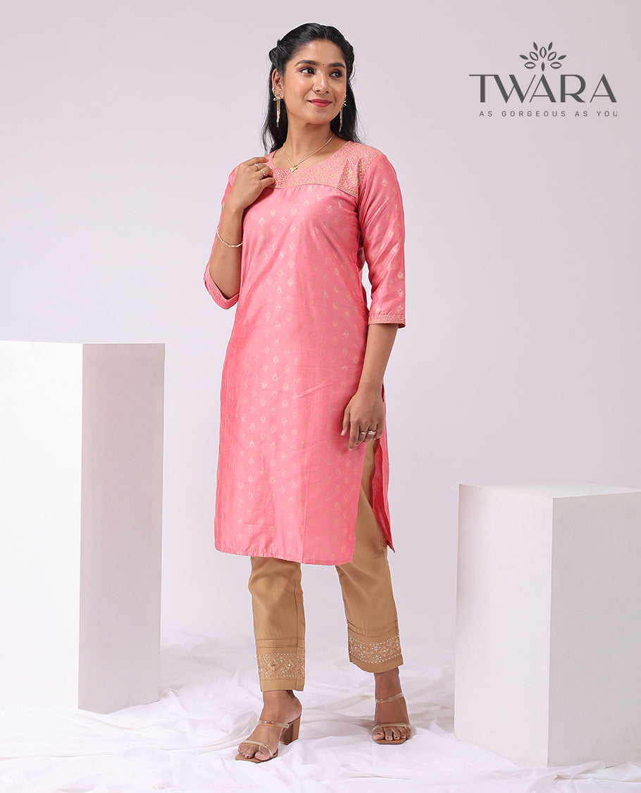 Twara peach embroidered round neck, 3/4 th sleeve , knee lenght straight cut kurti