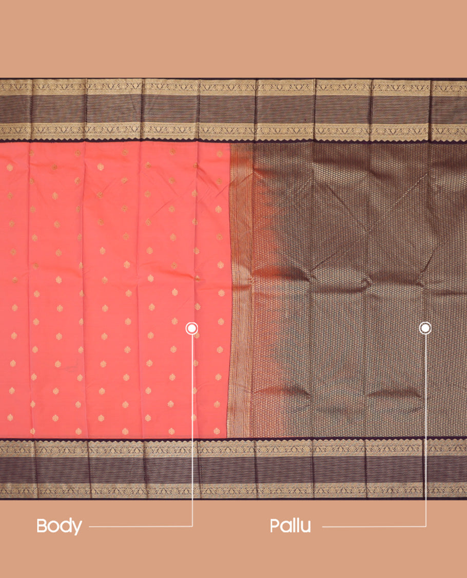 Peach Budget Silk Saree, Gleamed Up with Zari Buttas, a Contrast Traditional Zari Border, Grand Pallu, and a Contrast Blouse