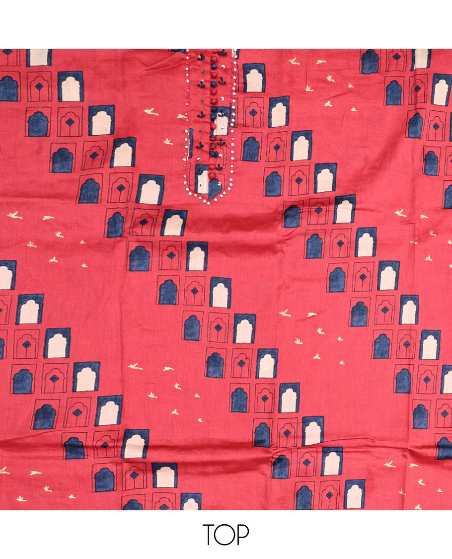 Pink Material Chudidar Set, Creatively Printed with Mughal-Style Arches Printed Rayon Top, a Plain Rayon Bottom, and Paired with a Mughal-Style Arches Printed Cotton Dupatta
