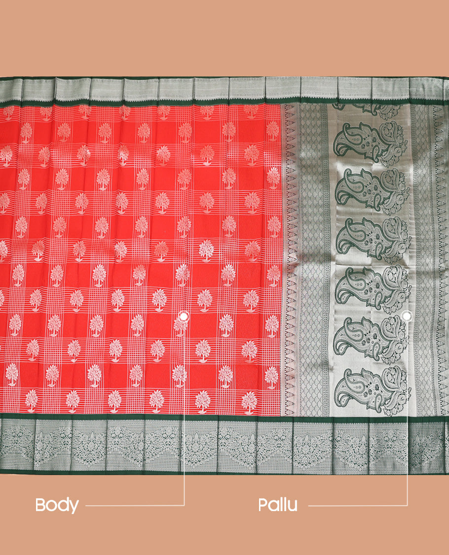 Red Budget Silk Saree, Elevated with Zari Butta Enclosed Checks On Its Body, Complemented by Contrast Traditional Zari Designs Woven Border, Grand Pallu of Paisleys, and Paired with a Contrast Blouse