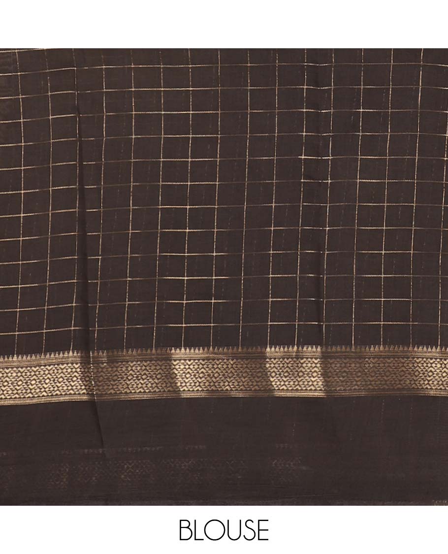 Rust color checked & floral printed chanderi cotton saree, contrast zari & block printed border of diamond, bentex, floral creeper & paisley design along with zari striped pallu