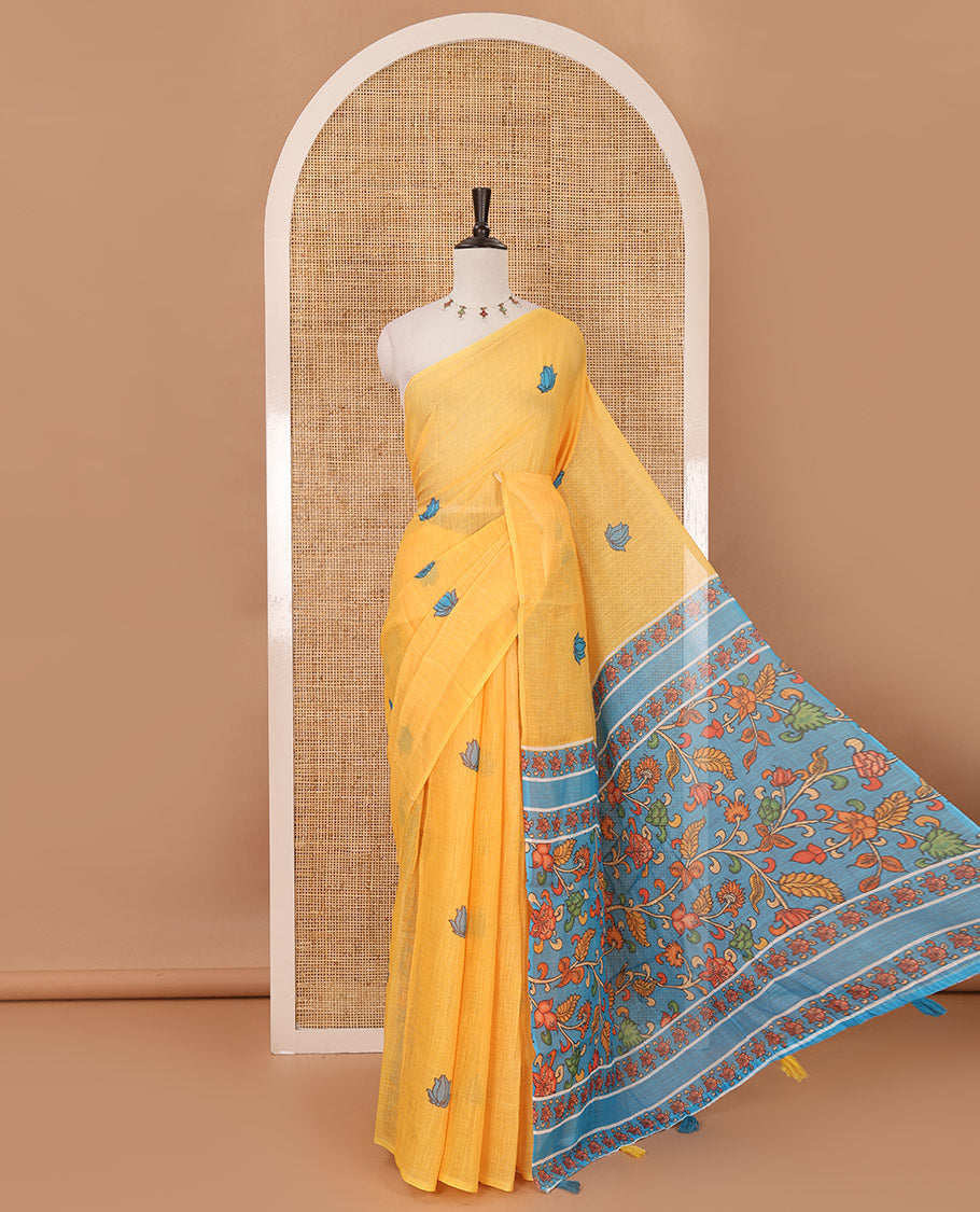 Borderless yellow pichwai lotus printed linen saree, contrast kalamkari floral vine printed pallu & contrast kalamkari floral vine printed blouse