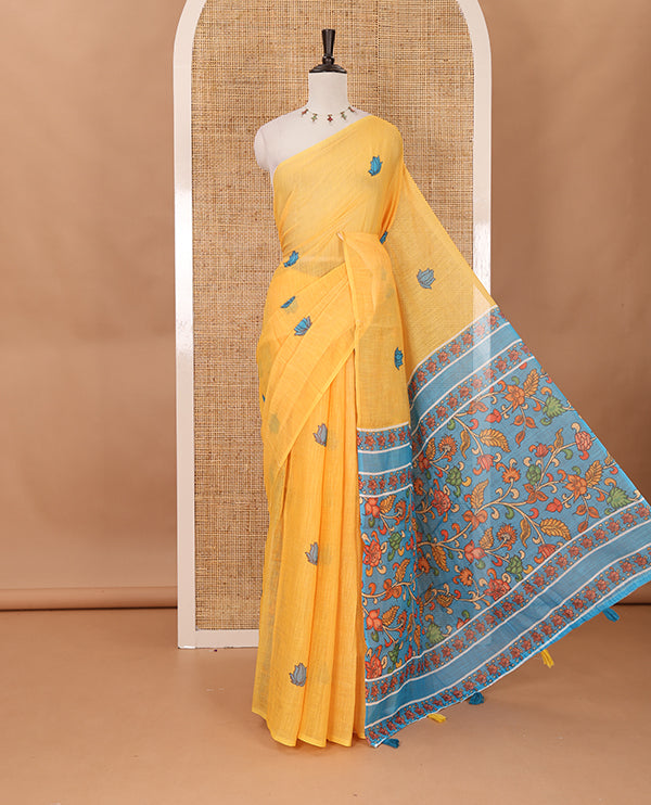Borderless yellow pichwai lotus printed linen saree, contrast kalamkari floral vine printed pallu & contrast kalamkari floral vine printed blouse