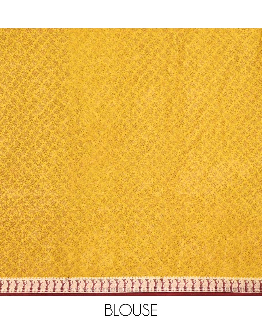 Yellow floral printed semi-banaras printed saree, paisley motifs border & intricate paisley motifs border