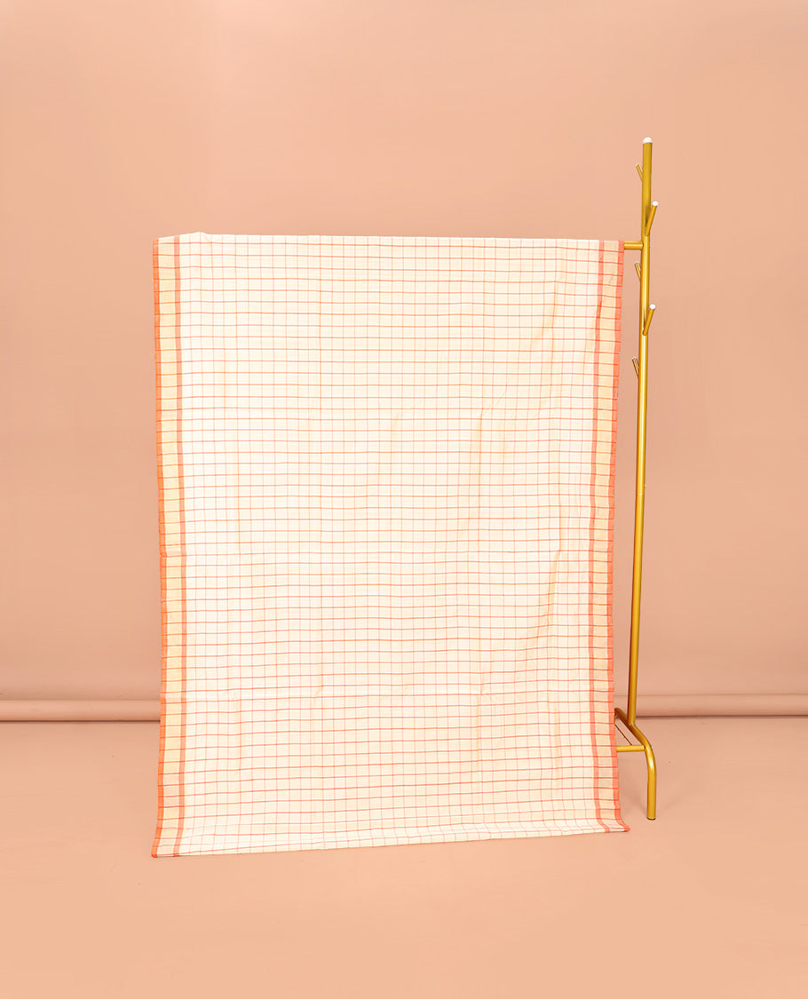 Cream Checked Poly Cotton Saree, Plain Border, Complemented by Contrast Pallu of Stripes, and Paired with a Contrast Blouse
