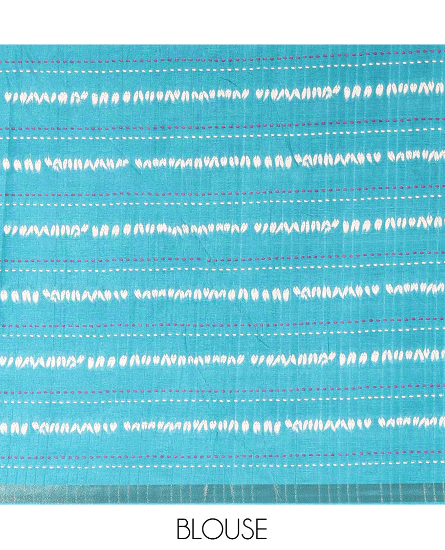 Magenta Manipuri Silk Saree, Ornamented with Bandhani Buttas on Its Body, Complemented by a Contrast Border of Shibori Print and Kantha Thread Work, Pallu of Shibori Print, and Paired with a Contrast Blouse