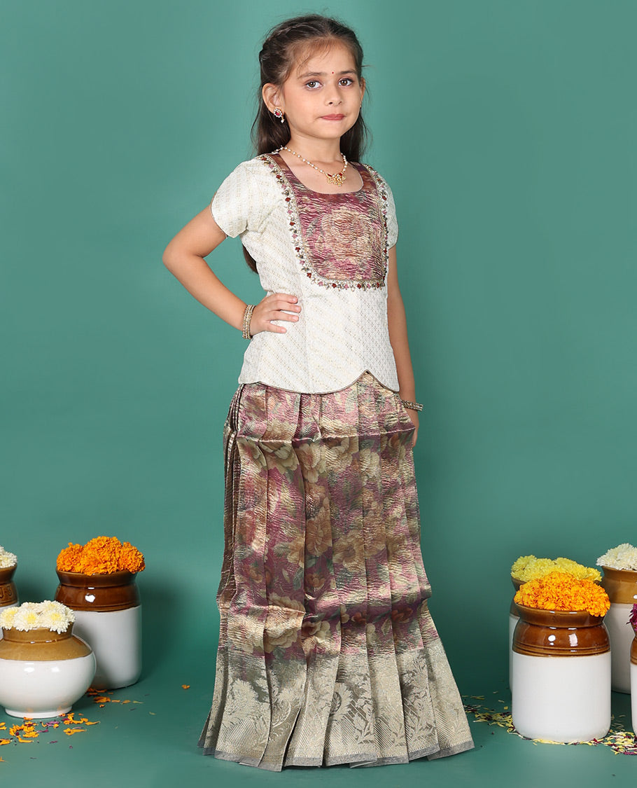 Brown readymade art silk pavadai, floral printed & contrast zari border skirt, & zari buttas half-sleeve round-neck blouse