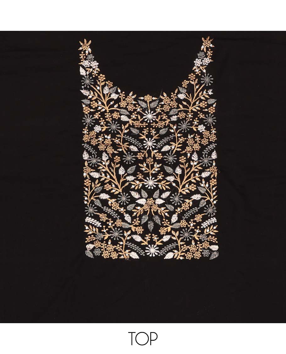 Black chudidhar material set floral embroidered top, plain bottom & floral design dupatta