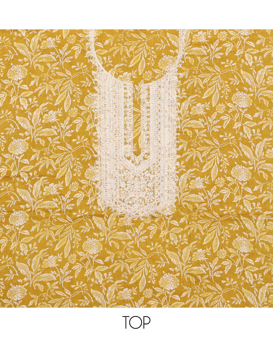 Yellow chudidhar material set floral printed with sequins embroidery top, contrast thread embroidery bottom & floral motif thread embroidery scallop border dupatta