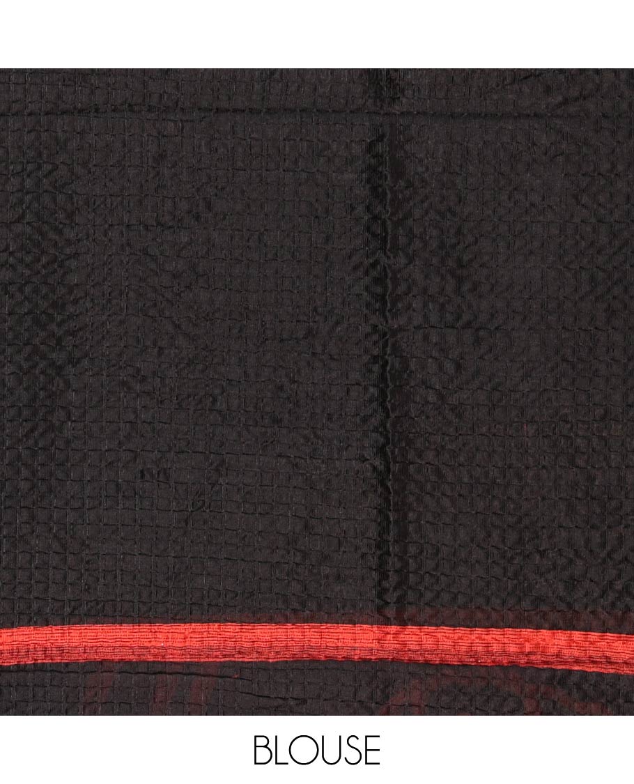 Black-base crushed litchi saree features fancy violet color floral printed body, printed piping border & pallu