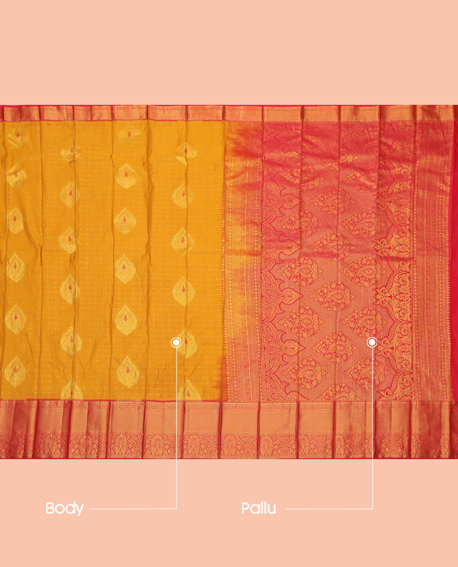 Yellow Budget Silk Saree, Woven with Zari Buttas and Checks, a Contrast Traditional Zari Border, Grand Pallu, and a Contrast Blouse
