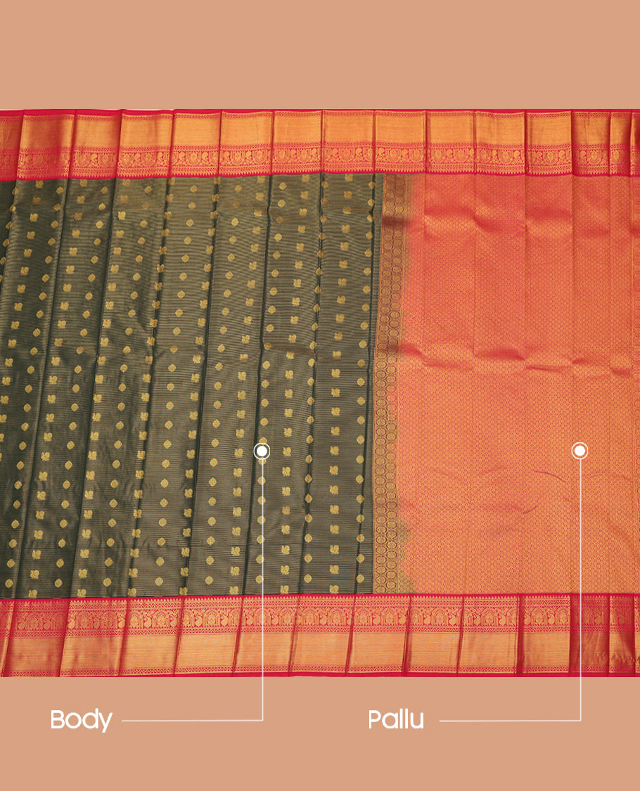 Green Budget Silk Saree, Decked Up with Mayil-Chakram Buttas and Stripes, a Contrast Traditional Zari Border, Grand Pallu, and a Contrast Blouse