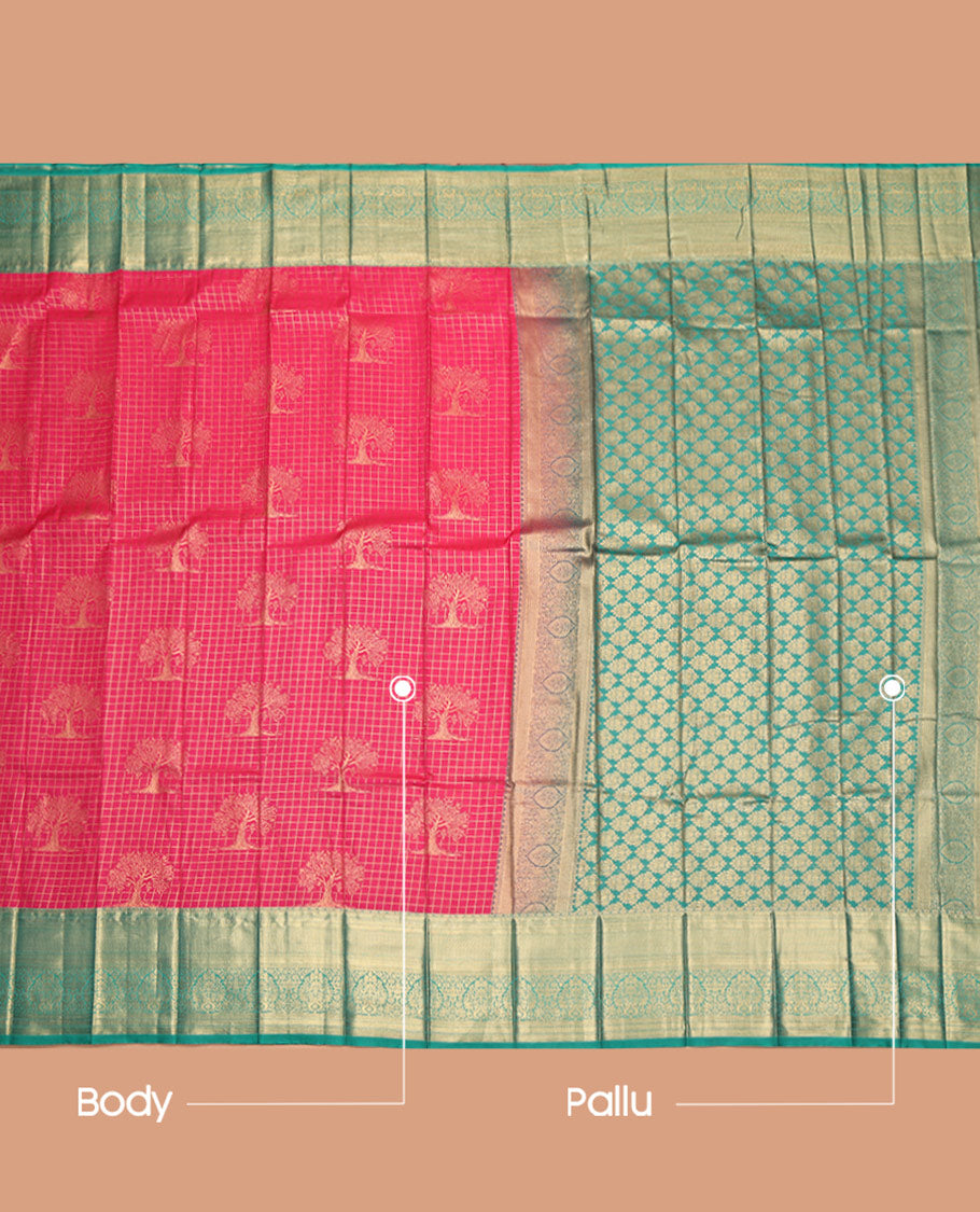 Pink Budget Silk Saree, Beautifully Bedecked with Zari Buttas and Checks, Complemented by Contrast Traditional Zari Border, Intricate Pallu, and Contrast Blouse