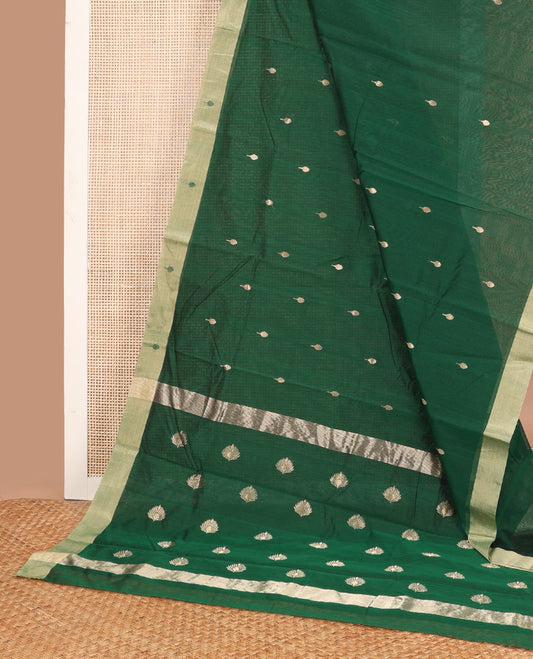 Dark green  leaf design chanderi cotton saree with contrast zari border & leaf design, striped pallu