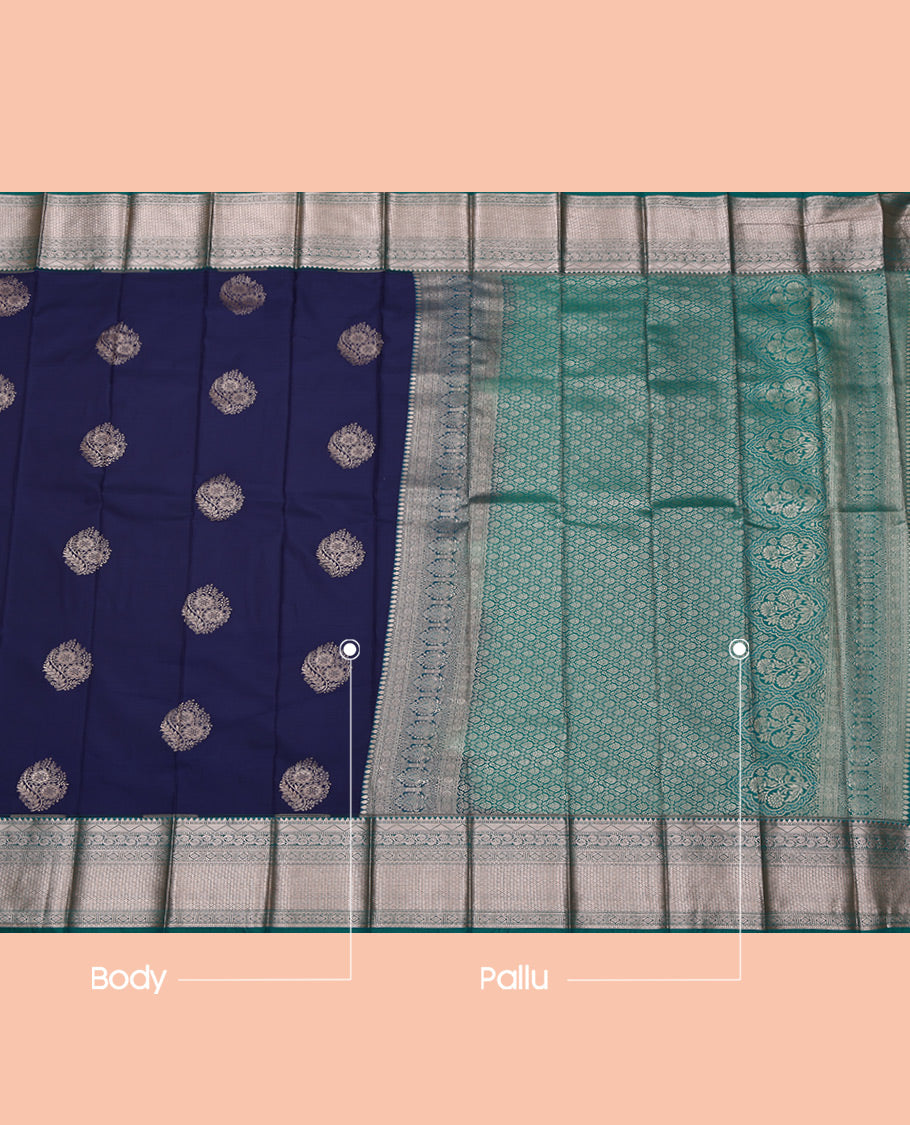 Navy Blue Budget Silk Saree, Crafted with Zari Buttas All Over Its Body, Complemented by a Contrast Traditional Zari Design Border, Intricate Pallu, and Paired with a Contrast Blouse