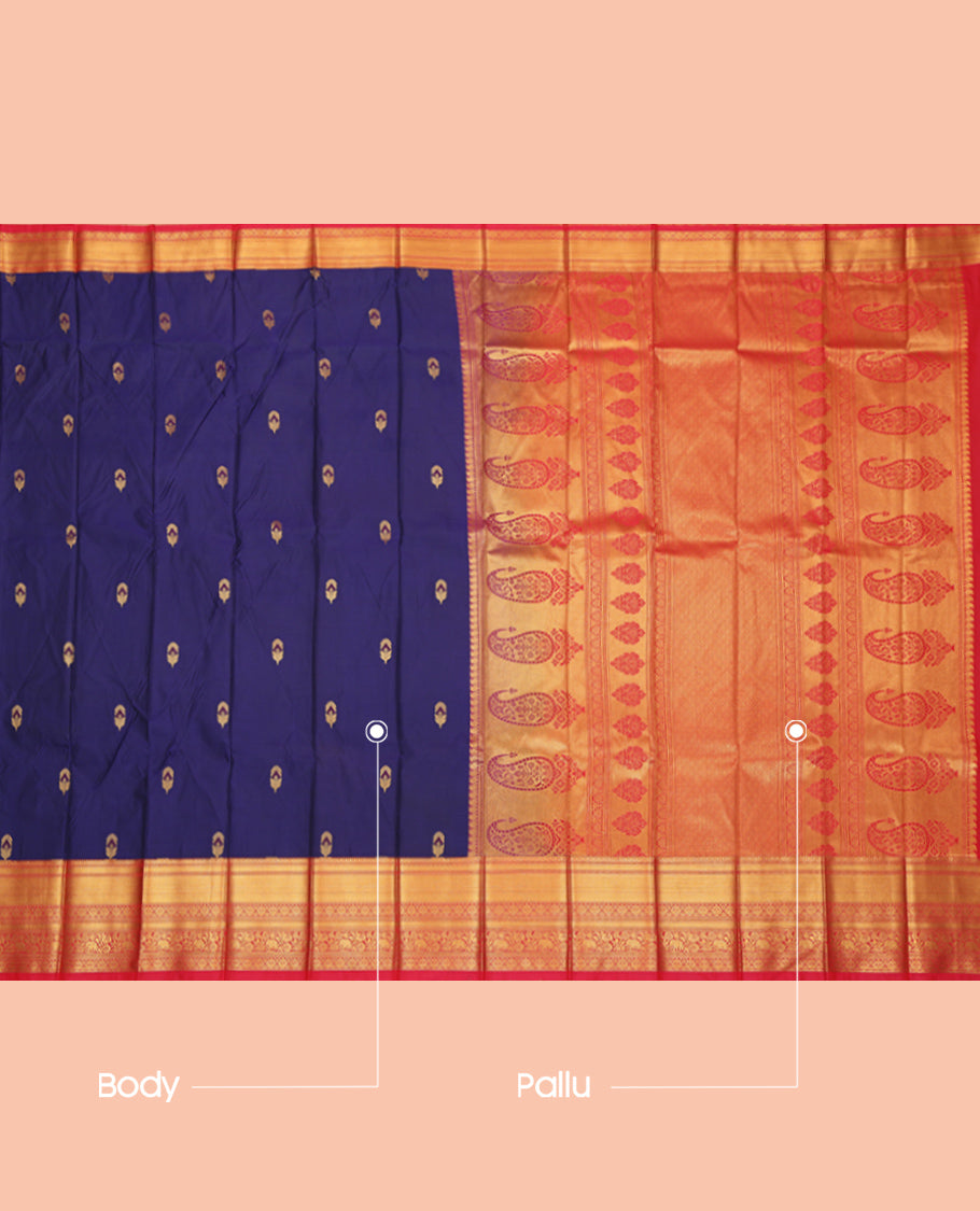 Navy Budget Silk Saree, Elevated with Zari Buttas, Complemented by Contrast Traditional Zari Border, a Grand Pallu and a Contrast Blouse